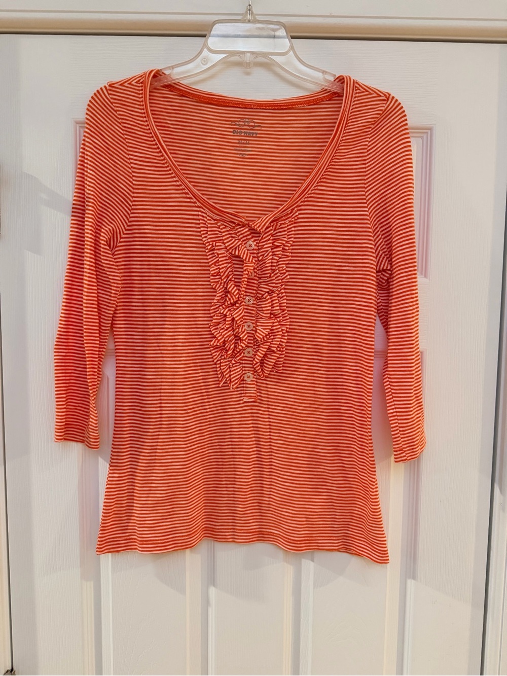 Ladies Size Medium "Old Navy Orange & White Striped Ruffle-Front Long Sleeve Top